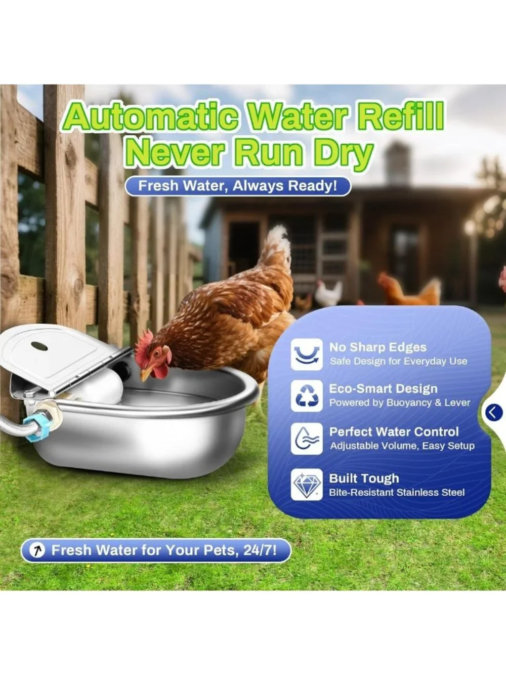Automatic Stainless Steel Pet Water Bowl with Float Valve & Drain Hole, 3L